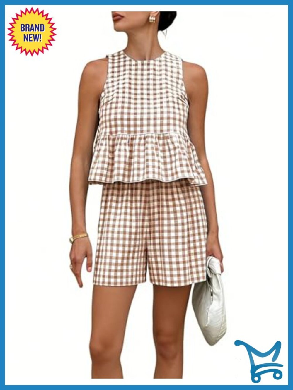 2 Piece Gingham Plaid Peplum Tank Top and High Waist Shorts Set Sleeveless